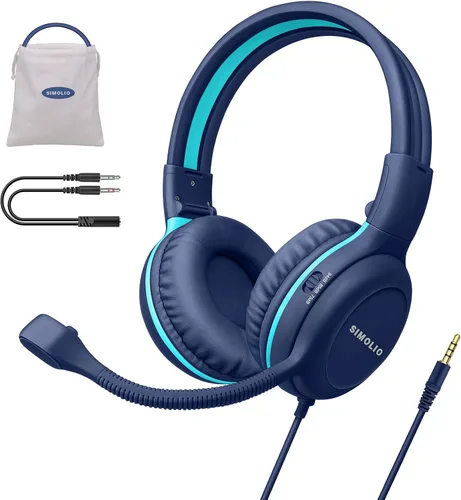 Vista 8 de SIMOLIO Audífonos para niños con micrófono para la escuela, auriculares con cable de 75/85/94 dB con micrófono retráctil para iPad, PC, laptop