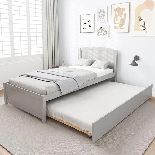 Vista 3 de Cama nido individual, marco de cama extraíble de madera maciza, cama de día extensible con cabecera y soporte de listones de madera sólida Gris