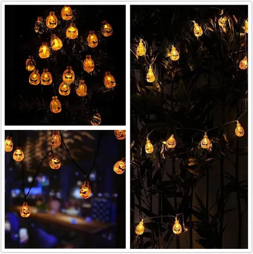 Vista 3 de YBB Tira de luces solares de calabaza, impermeable, decoración de Navidad, 20 luces LED parpadeante/modos de encendido constante, linterna