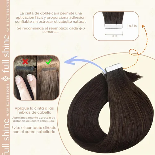 Vista 4 de Fshine Extensiones de cabello humano con cinta adhesiva marrón oscuro de 12 pulgadas, color de cabello corto 2, con cinta de doble cara, 1.06 oz, 20