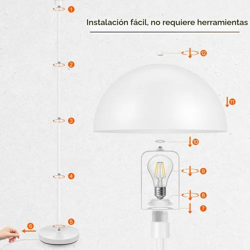 Vista 5 de Lámpara de pie, lámparas de pie industriales blancas para sala de estar, lámpara de pie de 65.6 pulgadas, pantalla de cúpula de hongo retro