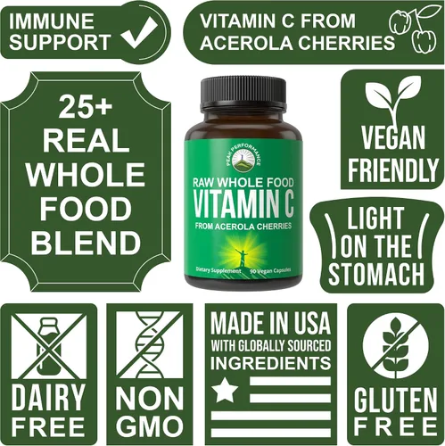 Vista 3 de Peak Performance Cápsulas de Vitamina C Natural de Aceituna Entera Cruda de Acerola para Máxima Absorción. Suplemento de Vitamina C Vegano de Origen