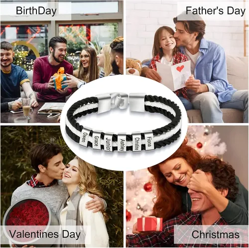 Vista 7 de Pulseras de cuero personalizadas para hombre con 1-6 nombres, pulsera trenzada personalizada con cuentas para papá, marido, día del padre, San