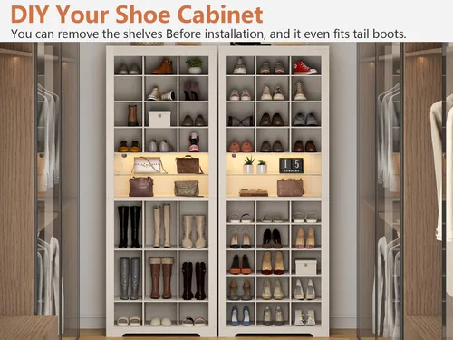 Vista 4 de Armario de almacenamiento de zapatos de 11 niveles, zapatero de madera blanco con 27 cubículos, organizador de zapatos independiente de 69 pulgadas
