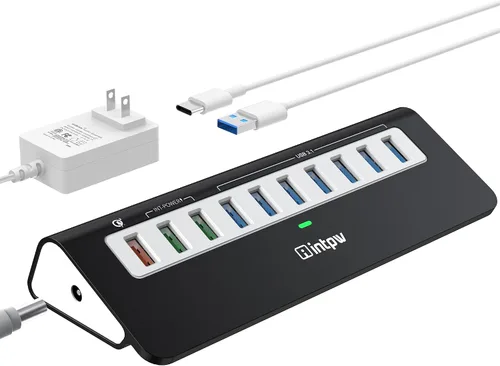 Vista 13 de intpw Hub USB con alimentación 10Gbps, Hub de datos de aluminio de 7 puertos USB 3.2 con 4 puertos USB 3.2 Gen 2, 3 puertos de carga rápida
