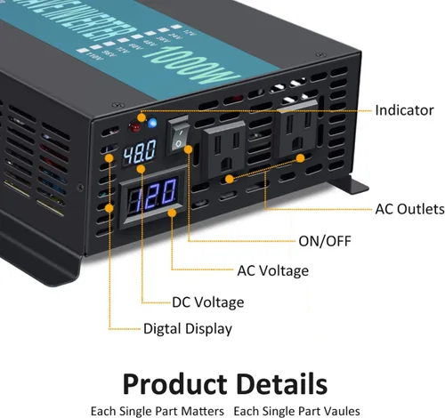 Vista 2 de WZRELB Inversor de corriente de onda sinusoidal pura de 1000W 48V 120V con 2 salidas de CA, inversor de coche