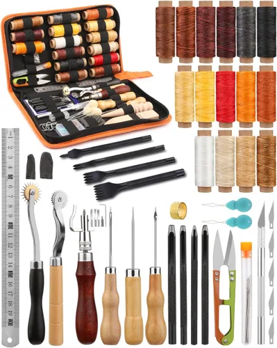 Vista 9 de BUTUZE Kit de reparación de tapicería, kit de costura de cuero, hilo de coser, hilo encerado, agujas de coser a mano resistentes, punzón de costura