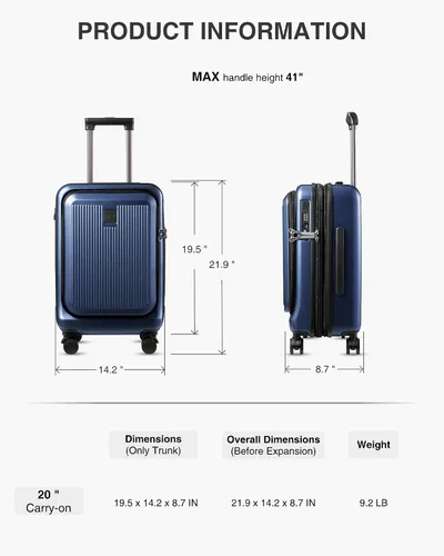 Vista 6 de LUGGEX Equipaje de mano con compartimento para laptop, maleta rígida de policarbonato con cargador y puerto USB integrado, equipaje expandible