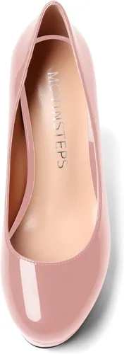 Vista 3 de MOVINSTEPS Zapatos de tacón alto con plataforma sexy de patente sólida y puntera redonda para mujer, zapatos de tacón alto de 4 pulgadas