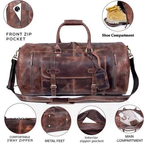 Vista 5 de Bolsa de viaje de cuero grande Bolsa de lona Bolsa de cabina de vuelo deportivo de gimnasio Bolsa de cuero Bolsa de equipaje grande para el fin