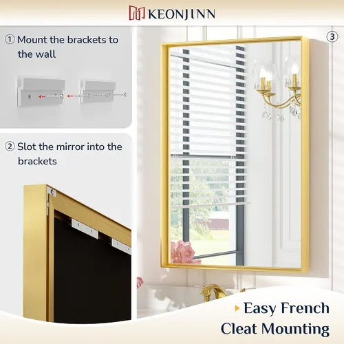 Vista 3 de Keonjinn Espejo de baño dorado de 48 x 30 pulgadas, espejo de pared de baño con borde dorado grande cepillado para sobre el fregadero, espejos