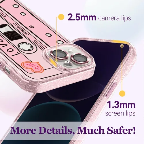 Vista 4 de Compatible para iPhone 13 Funda Bonita Estética - Funda para Teléfono Rosa con Purpurina con Protector de Cámara - Diseño de Cubierta