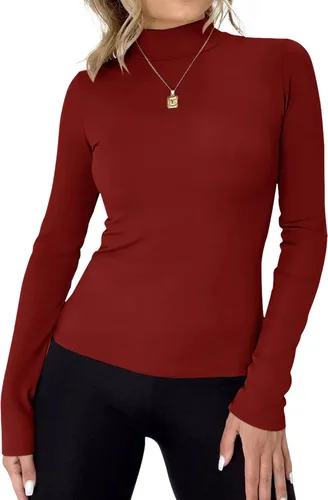 Vista 2 de Rapbin Camiseta de manga larga para mujer, cuello alto, básica, elástica, ajustada, ligera, térmica