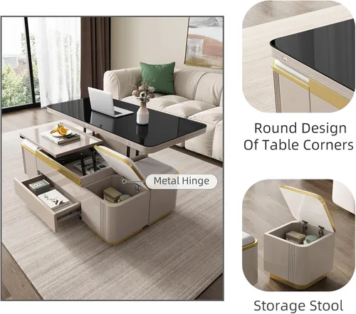 Vista 7 de Guyii Mesa de centro elevable con taburetes de almacenamiento, mesa central 3 en 1, altura ajustable, mesa plegable para sala de estar, ahorro