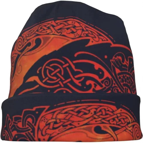 Vista 6 de Gorro de lobo vikingo con diseño de lobo nórdico de fenrir nórdico impreso, cálido, holgado, unisex, para pareja