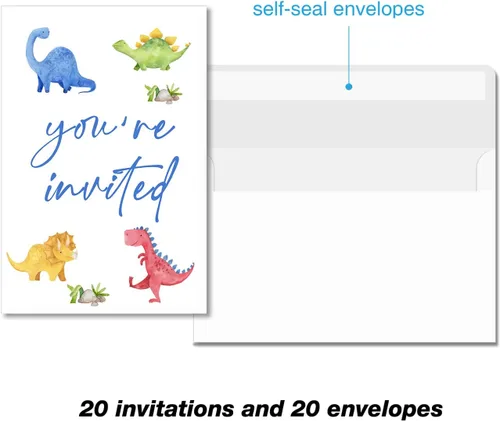 Vista 3 de Soiceu Juego de 20 invitaciones para fiesta de tercer cumpleaños con sobres de dinosaurio 3-Rex de acuarelas