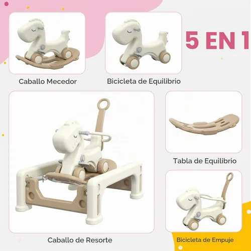 Vista 3 de Qaba Caballo Mecedor 5 en 1 para Niños Pequeños, Juguete Mecedor con Resorte para Niños, Carrito de Empuje de Bicicleta de Equilibrio con Base