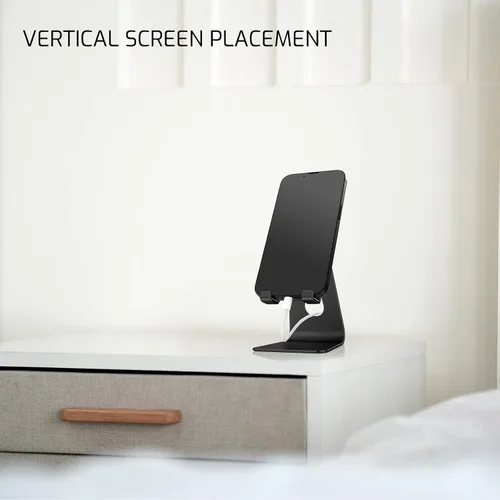 Vista 6 de Soporte plegable negro para teléfono celular de aleación de aluminio, soporte de teléfono de metal de mesa con ángulo ajustable por eje giratorio