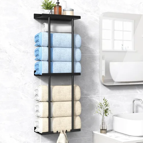 Vista 12 de Liuoud Toallero para Baño, Organizador Portador de Almacenamiento de Toallas Enrolladas Vertical Montado en la Pared con Estante, Sostiene Hasta 6