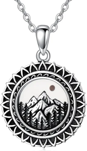 Vista 20 de PROESS Collar de plata de ley con colgante de montaña y sol de semilla de mostaza/masónico/brújula para mujeres y hombres, collar con colgante