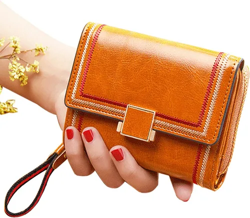 Vista 2 de PofeeXIO Cartera de cuero RFID para mujer con tarjetero triple plegable para mujer con correa de muñeca corta para mujer, cartera con múltiples