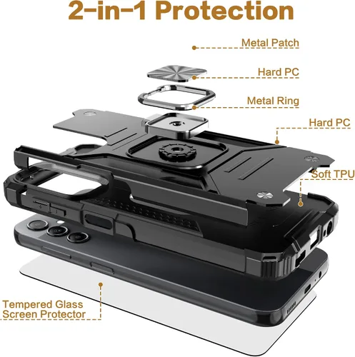 Vista 3 de Funda para Galaxy A15 con protector de pantalla negro para hombres y niños, cubierta híbrida de prueba de caídas con soporte para tarjeta de montaje