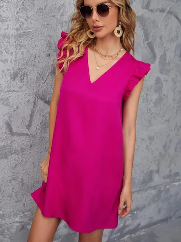 Vista 3 de Floerns Vestido tipo túnica de verano con cuello en V liso y mangas casquillo para mujer