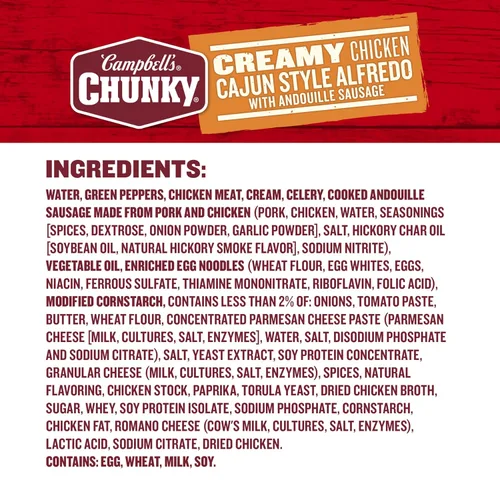 Vista 3 de Sopa de pollo Alfredo estilo cajún cremosa con salchicha andouille de Campbell’s Chunky, lata de 18.8 oz