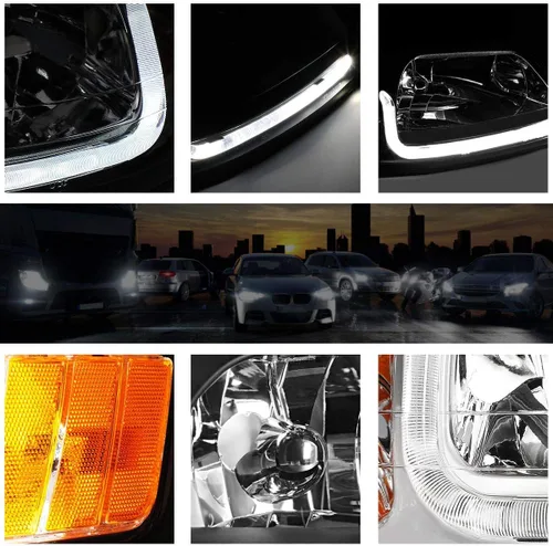 Vista 3 de PM PERFORMOTOR Faros delanteros de proyector de luz LED en forma de L de esquina ámbar de carcasa cromada compatibles con 99-04 Mustang
