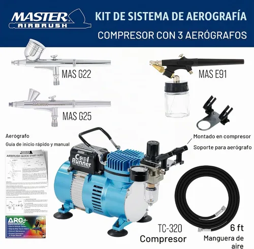 Vista 2 de Master Airbrush Cool Runner II Kit de sistema de aerógrafo de doble ventilador, kit de cepillo de aire con compresor de aire y 3 aerógrafos