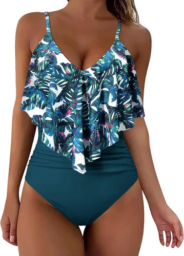 Vista 8 de SUUKSESS Traje de baño de una pieza con volantes y fruncidos para mujer, con control de abdomen, traje de baño adelgazante #1 estampado floral negro