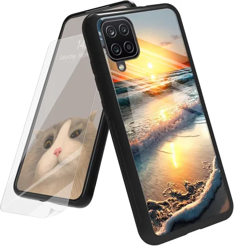 Vista 68 de Funda para Samsung Galaxy A12 5G con protector de pantalla, parte trasera de vidrio templado + TPU de silicona suave que absorbe los golpes
