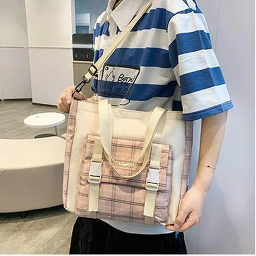 Vista 4 de Aobiono Juego de 5 mochilas a cuadros kawaii, estética, a cuadros, con alfileres, oso, colgante, luz escolar, kit de suministros escolares