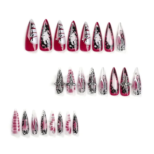 Vista 3 de MISUD Uñas a presión largas tipo Stiletto con pegamento de Rojo Gótico y Negro, diseño gótico cruzado acrílico, 24 piezas 02301Negro y Rojo