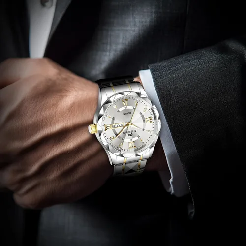 Vista 5 de Watch for Men Stainless Steel Waterproof Diamond Business Dress Analog Quartz Luminous Date Two Tone Luxury Casual Wrist Watch