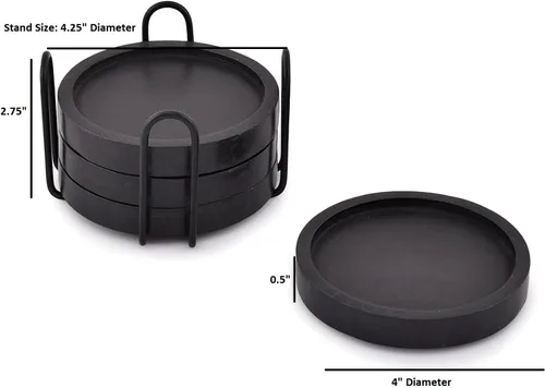 Vista 5 de Posavasos de madera para mesa de café, posavasos redondos con soporte para protección de mesa, juego de 4 (4 x 4 x 0.5 pulgadas) (negro)
