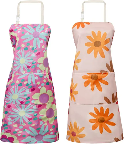 Vista 10 de LOLOMLO 2 Pack Floral Apron for Women with Pockets, Water Resistant Adjustable Neck Strap, Apron for Gardening
