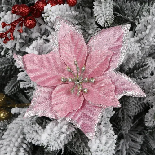 Vista 14 de YYCRAFT 12 flores artificiales de seda brillante con purpurina para decoración de árbol de Navidad (plata, 8 pulgadas)