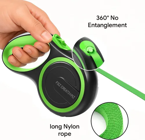 Vista 2 de Correa retráctil para perro, correa de nailon resistente no masticable de 16.4 ft con gancho giratorio de 360°, bloqueo de un solo toque, mango