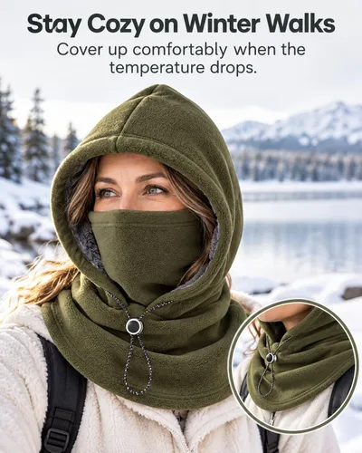 Vista 6 de 3-in-1 Winter Hat, Flannel Balaclava Face Mask with Neck Cover Green