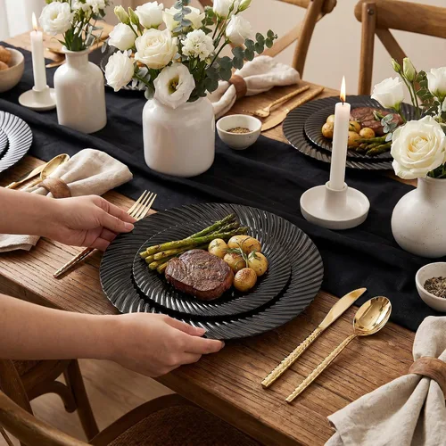 Vista 4 de WELLIFE 100Pcs Black Plastic Plates For Party, Black Disposable Plates Include 50 Dessert Plates and 50 Dinner Plates For Wedding, Birthday