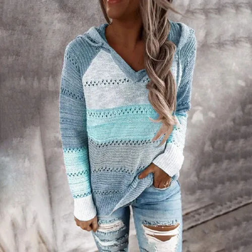Vista 2 de Sudaderas ligeras con capucha para mujer, diseño de bloques de color, con cordón, de manga larga, suéter de punto