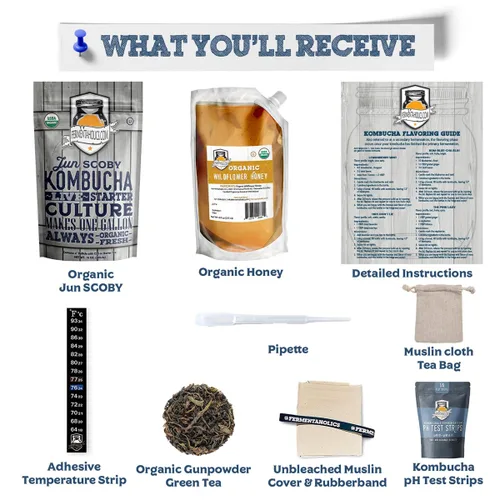 Vista 3 de Kit de iniciación Jun Kombucha de 1 galón – Incluye USDA Organic Jun SCOBY & Starter Tea + ingredientes para empezar a preparar tu propio té jun. *