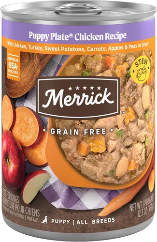 Vista 11 de Merrick - Puppy Plate - Comida húmeda para cachorros sin granos, receta con carne de res, 12.7 onzas (Paquete de 12 unidades)
