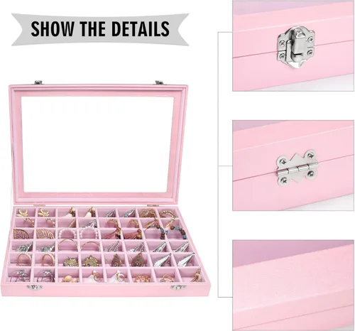 Vista 4 de Bandeja organizadora para joyas, caja organizadora de 48 rejillas para joyas, caja organizadora con tapa transparente, anillos, aretes, collares