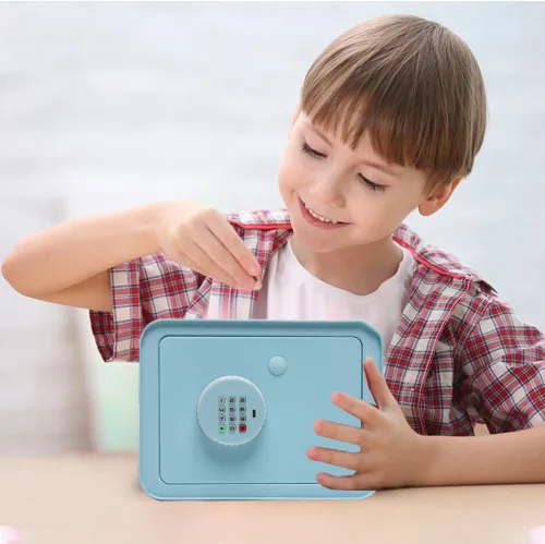 Vista 6 de Mini caja de seguridad pequeña para niños, alcancía para niños y niñas, caja fuerte azul con llave
