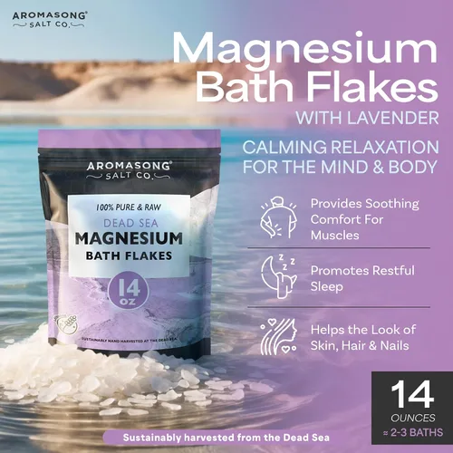 Vista 2 de Aromasong Copos de baño de magnesio RAW con lavanda 100% natural, 14 onzas. Sales orgánicas relajantes musculares Mg cloruro, sal mineral remojada.