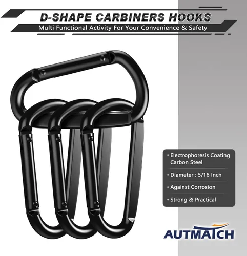 Vista 3 de AUTMATCH Carabiner Clips 3" - Heavy Duty Spring Snap Hook Clips Negro (estilo platy)