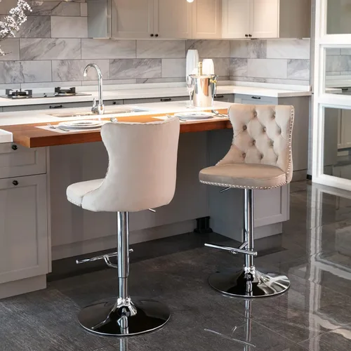 Vista 36 de Juego de 2 modernos taburetes de bar giratorios ajustables, sillas de bar copetudas de terciopelo beige con respaldo y ribete de cabeza de clavo