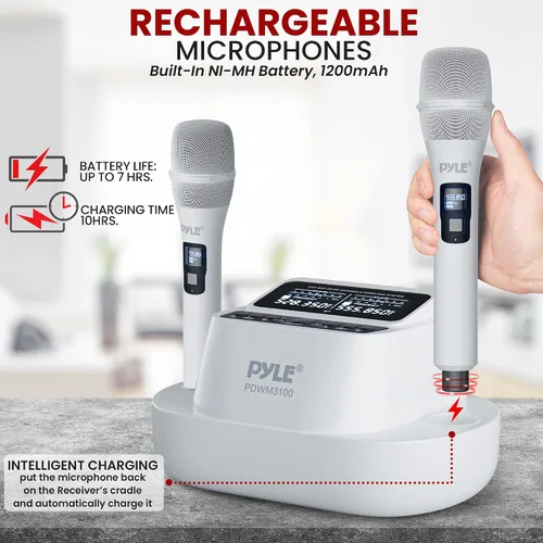 Vista 4 de Pyle Sistema de micrófono inalámbrico UHF - Receptor Bluetooth con 2 micrófonos de mano recargables, baterías de 1200 mAh, sonido claro